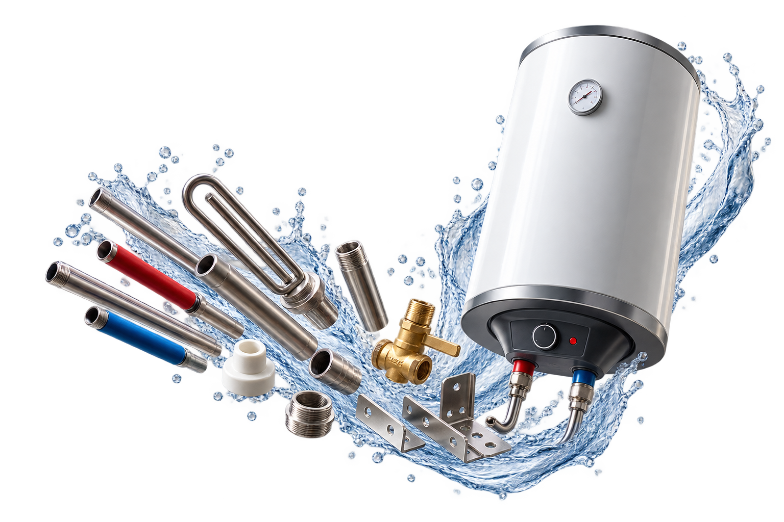 Wall-mounted electric water heater with Heatline nipples, sockets, brackets and plugs laid out below it